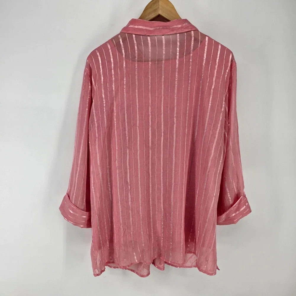 2 Piece Blouse Set Women 3X Pink Sheer Striped Button Down Camisole Soft Girl